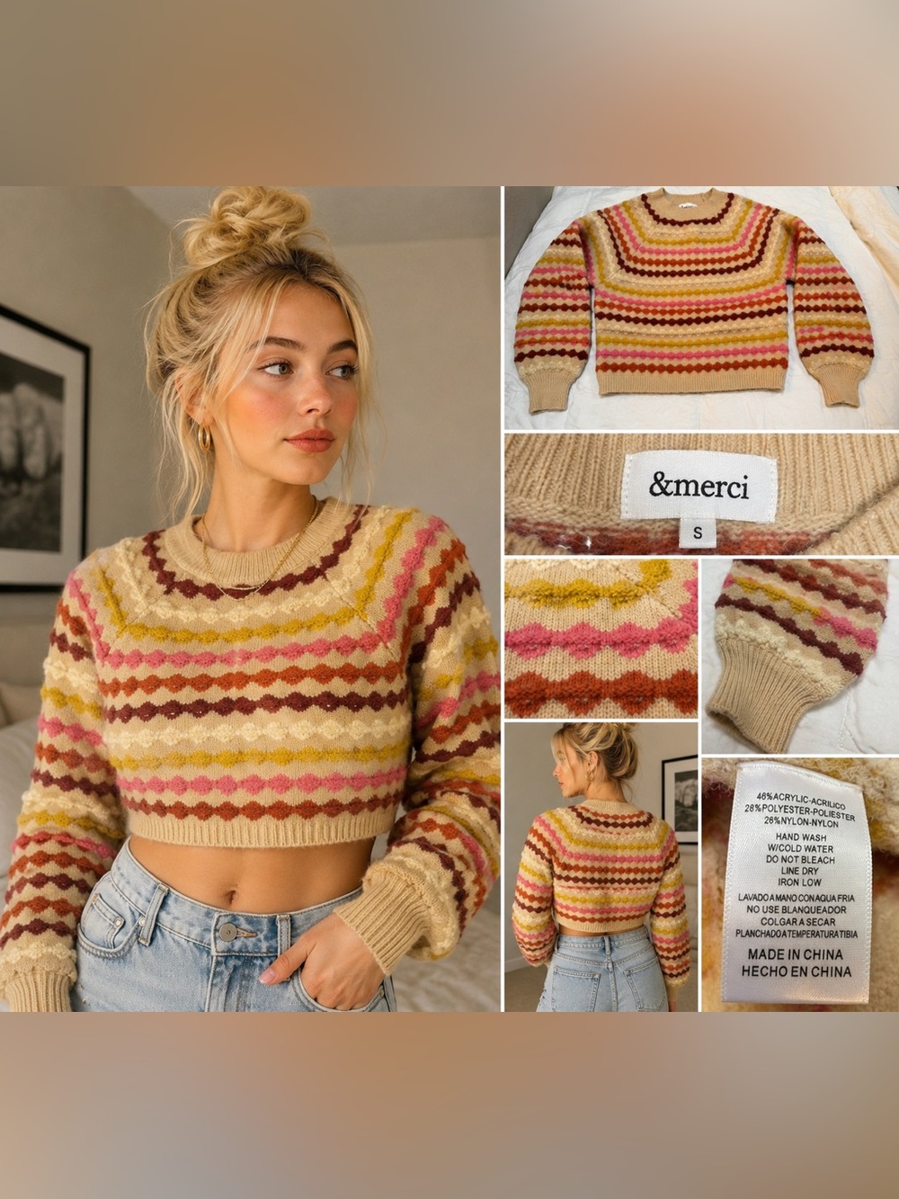 &merci Soft Multicolor Textured Stripe Knit Sweater Women’s S